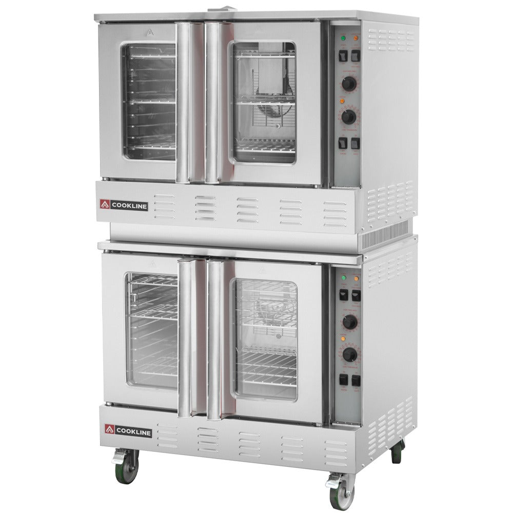 Cookline CC80-LP-DBL deep depth double deck gas convection oven, front angle view on casters