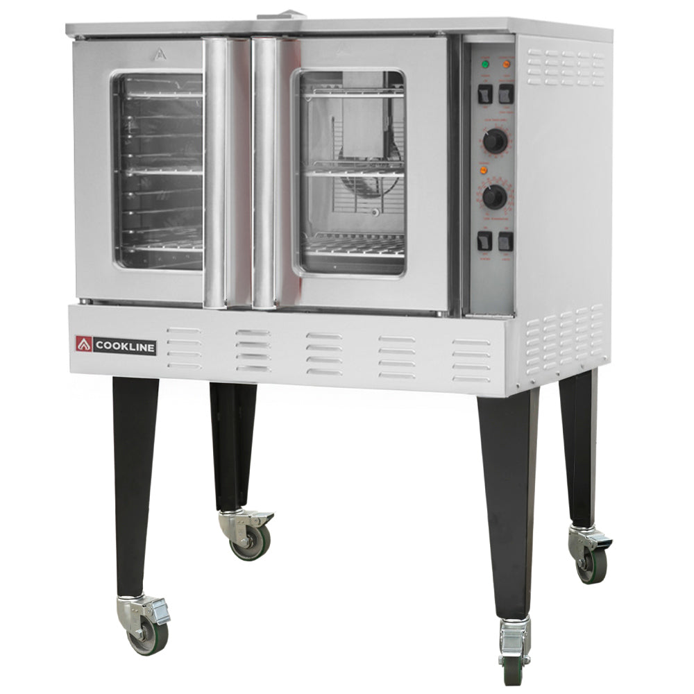 Cookline CC80-NG-SGL deep depth single deck gas convection oven, front angle view on legs with casters