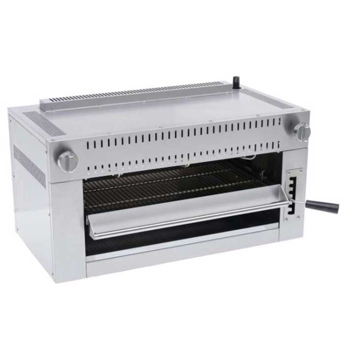 Cookline CSM-36-RM 36" infrared salamander broiler, front angle view, earlier design with silver knobs (representative image)