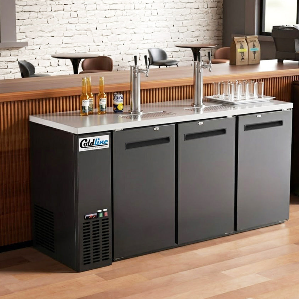 Coldline CDD-72 black direct draw beer dispenser, installed behind a bar (representative image)