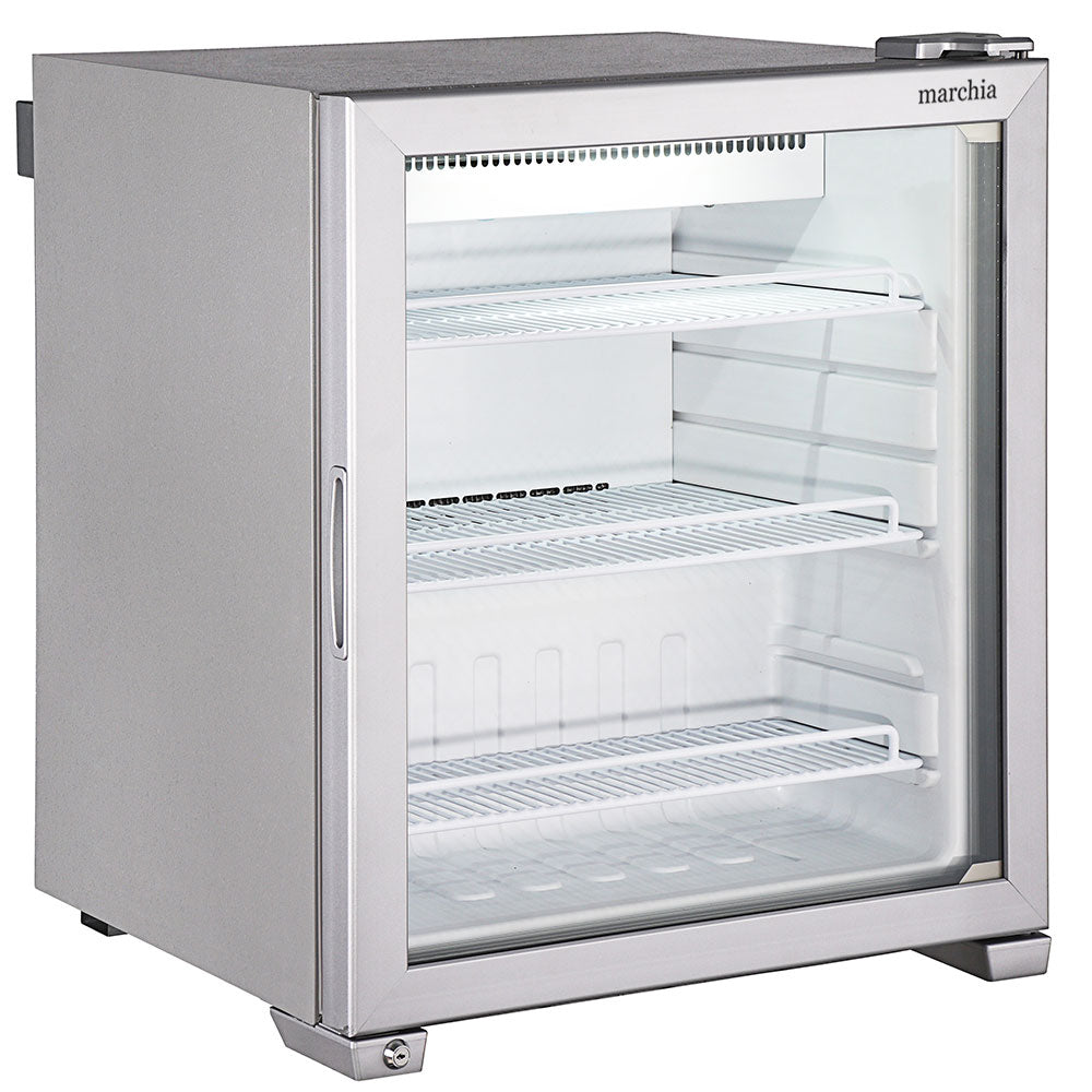 Marchia CR2 24" compact countertop glass door refrigerator, front angle view, door closed