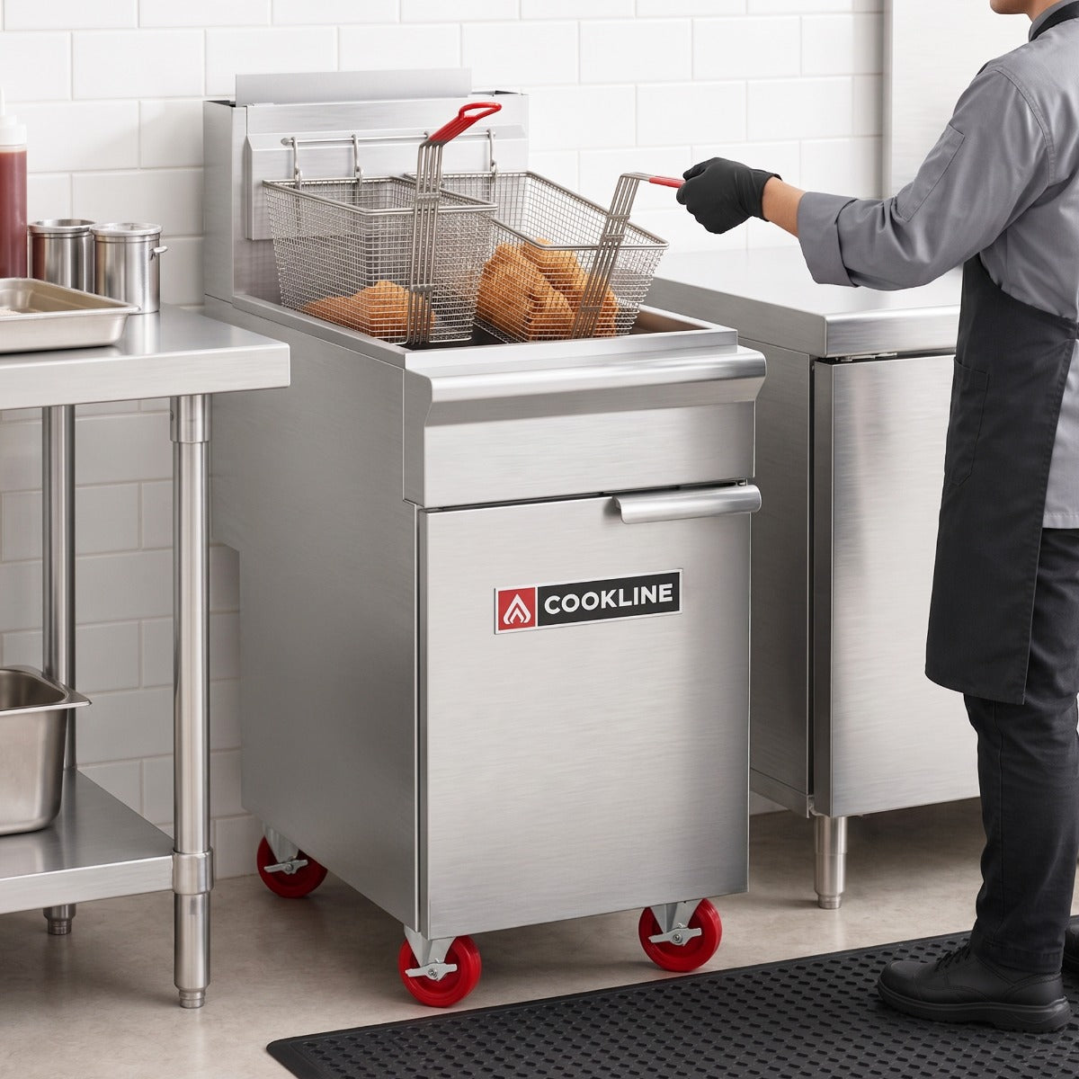 Cookline CF50-NG gas floor fryer, in use, lifting a basket of fried chicken in a kitchen