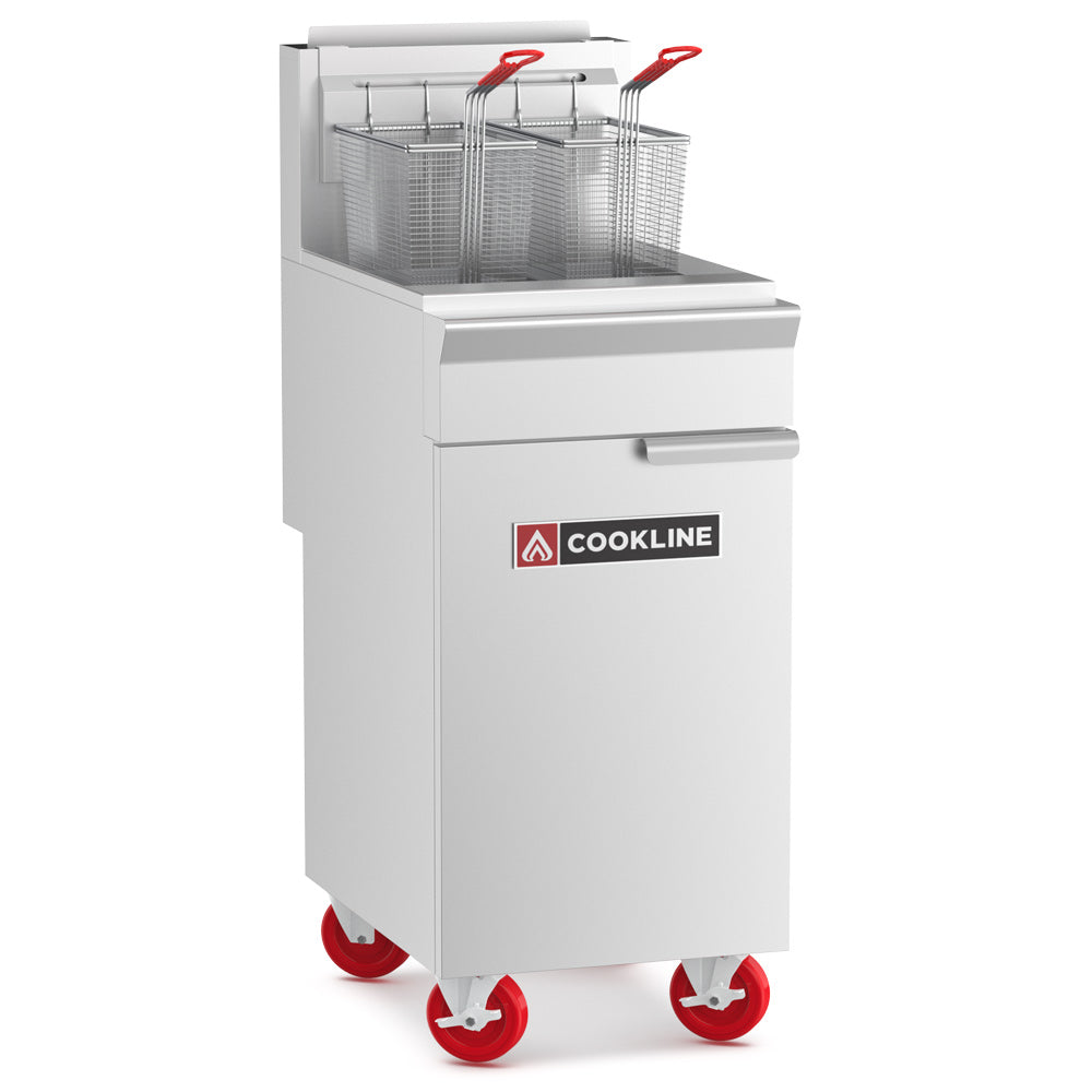 Cookline CF50-LP gas floor fryer, front angle view on casters