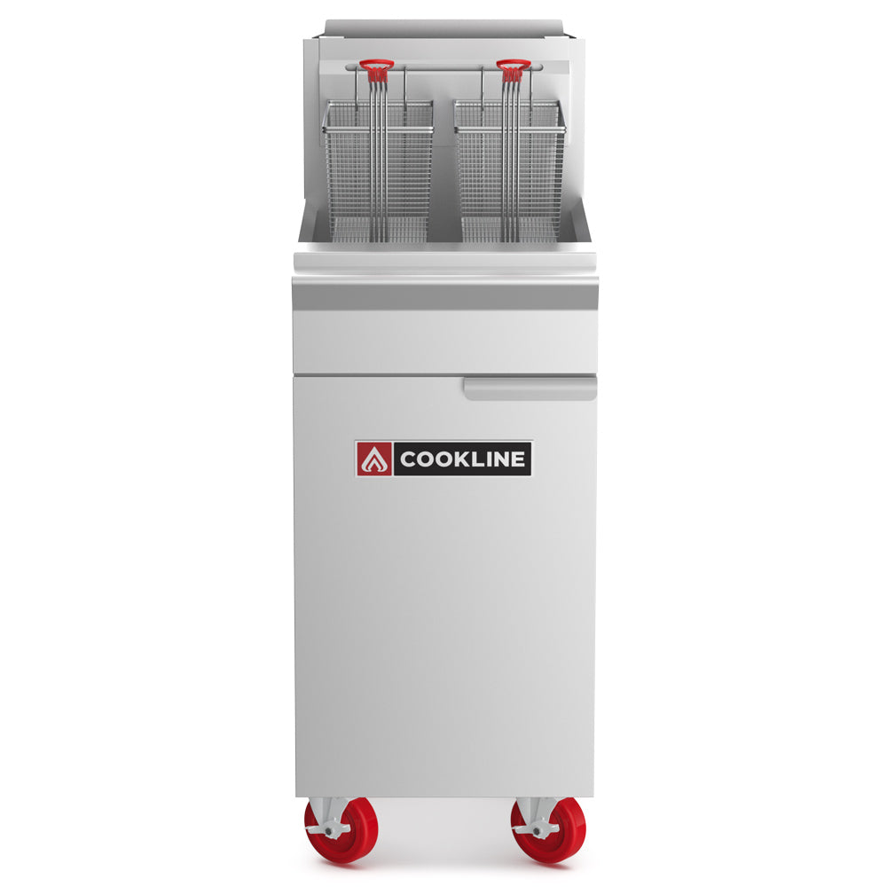 Cookline CF50-LP gas floor fryer, front view on casters