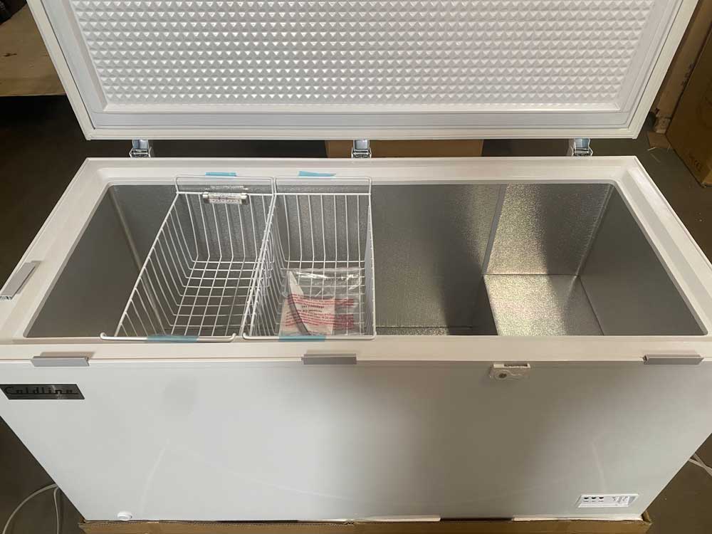 Coldline CF60 commercial chest freezer, wire baskets inside the cabinet