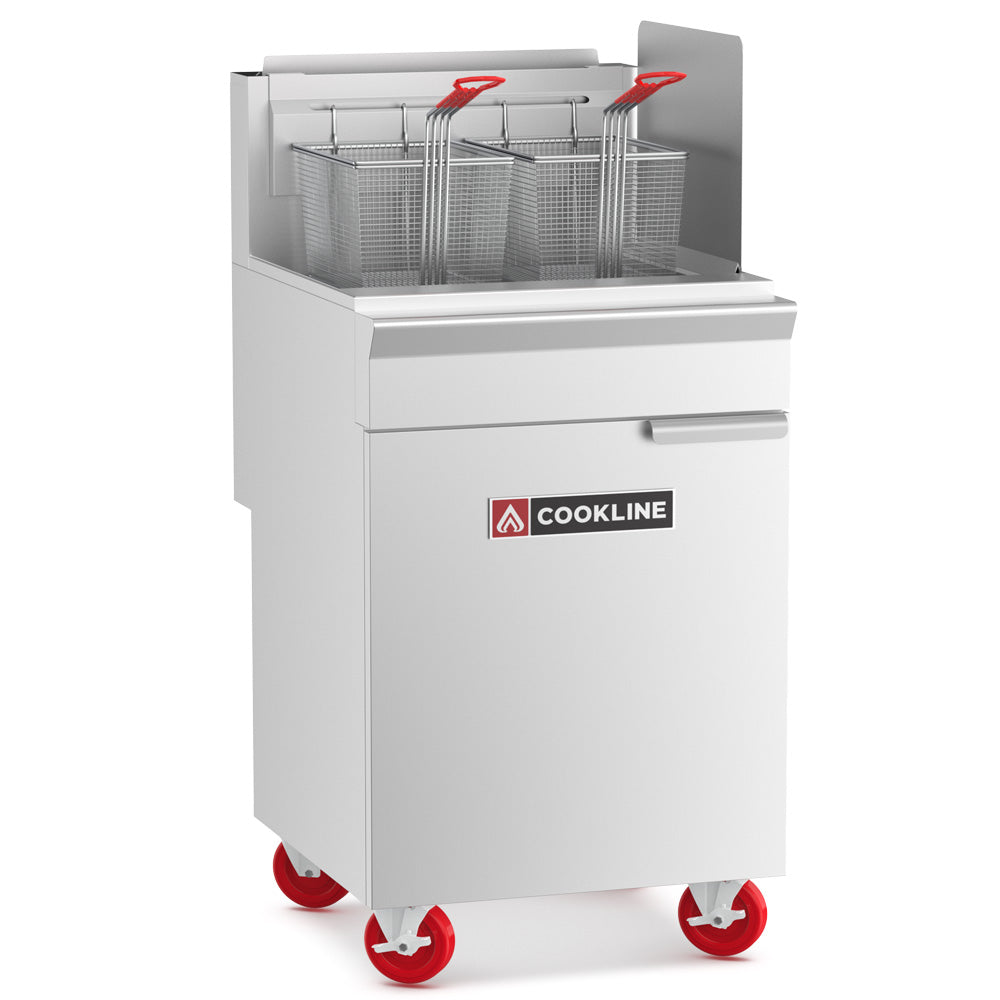 Cookline CF75-NG gas floor fryer, front angle view on casters