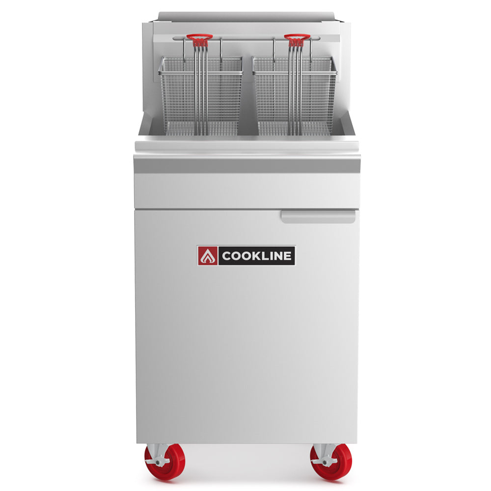 Cookline CF75-NG gas floor fryer, front view on casters