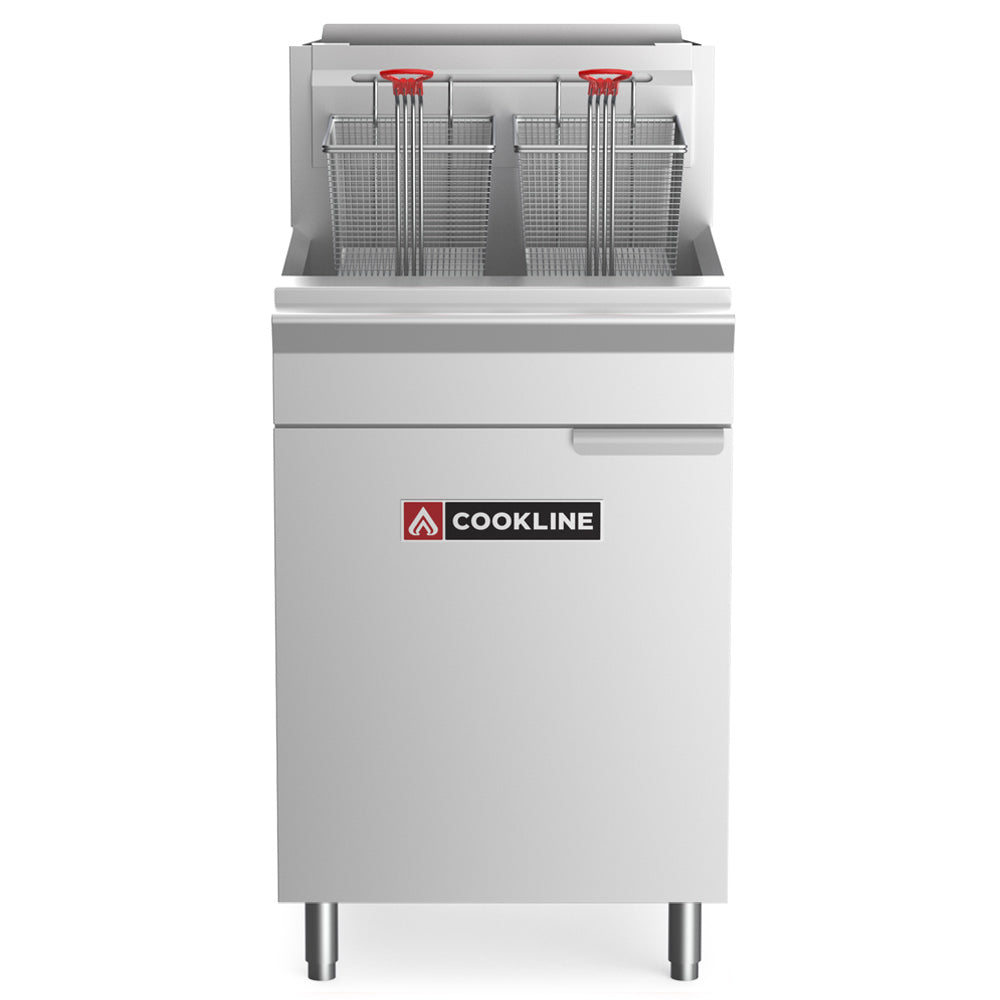 Cookline CF75-LP gas floor fryer, front view, shown on optional legs