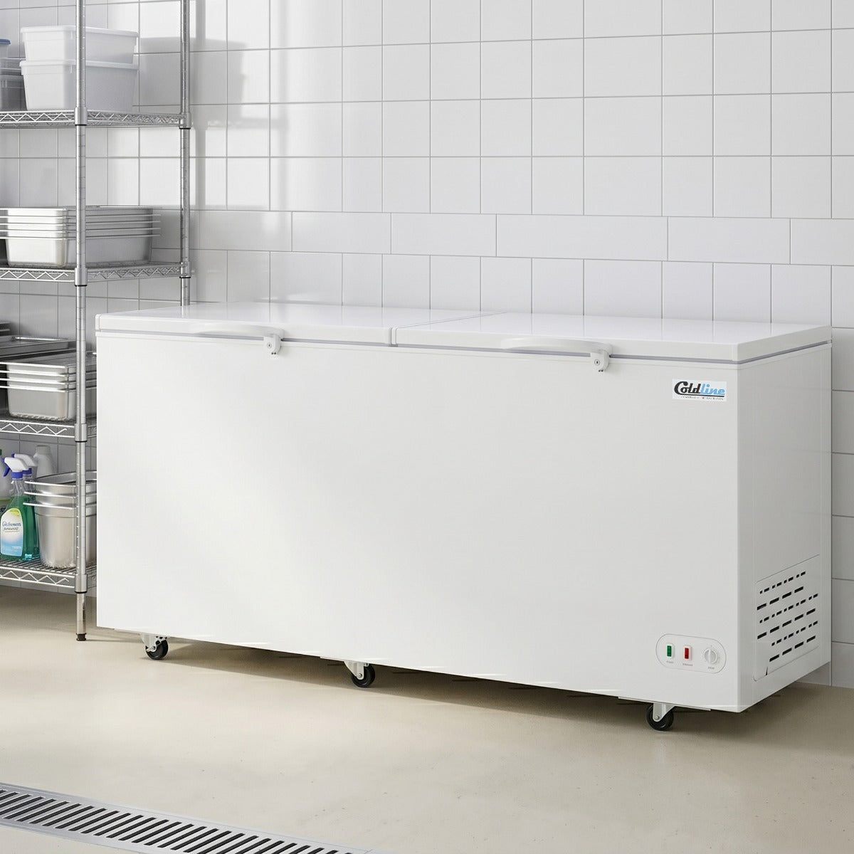 Coldline CF76 commercial chest freezer, in a store setting (representative image)