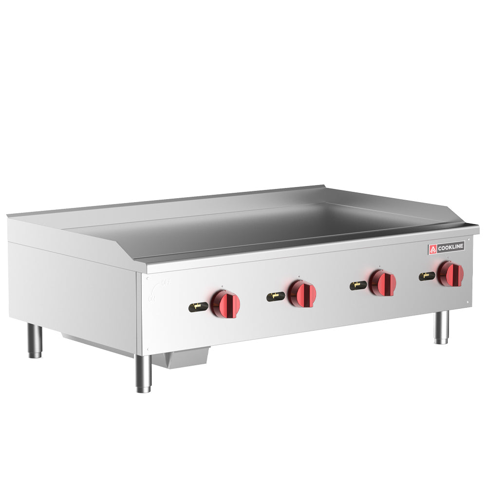 Cookline CGG-48T-HD gas countertop griddle with thermostatic controls, front angle view