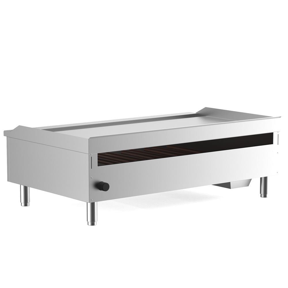 Cookline CGG-48T-HD gas countertop griddle with thermostatic controls, rear view showing the gas inlet