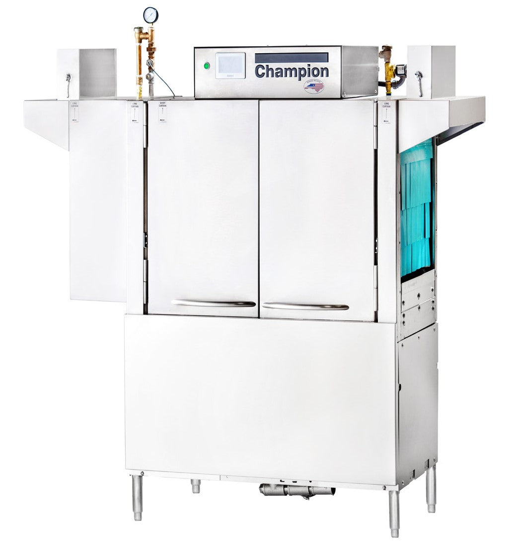 Champion rack conveyor dishwasher with booster gauge, older model shown, front view