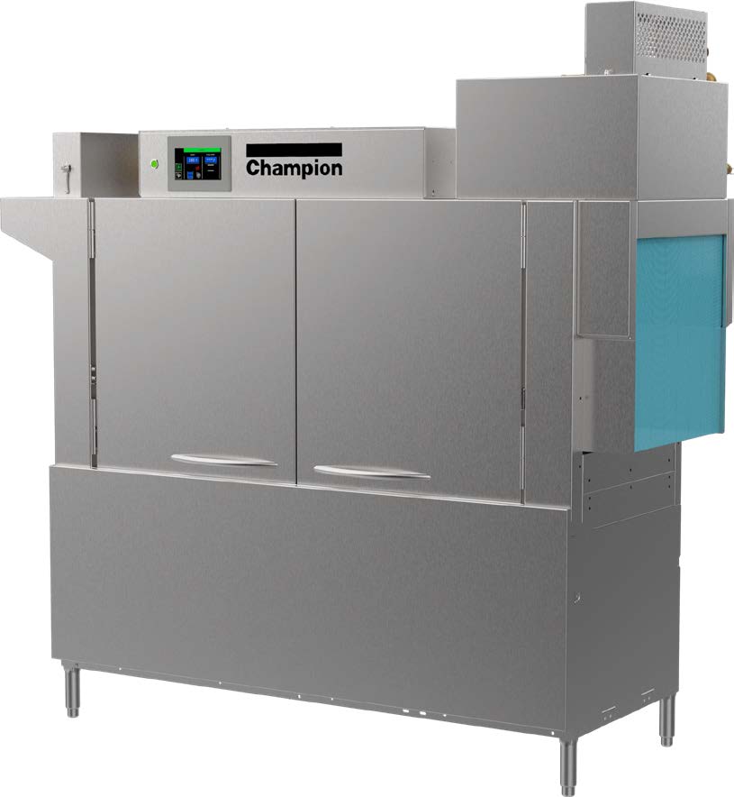 Champion 64 PRO-HR 2-tank rack conveyor dishwasher with heat recovery unit, front angle view