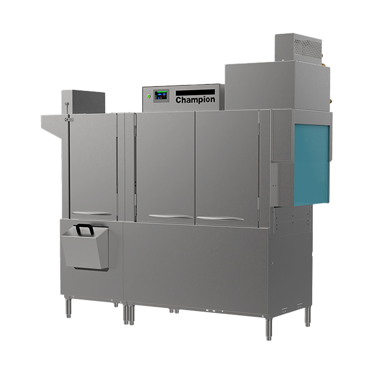 Champion 66 PRO-HR rack conveyor dishwasher with heat recovery unit, front angle view