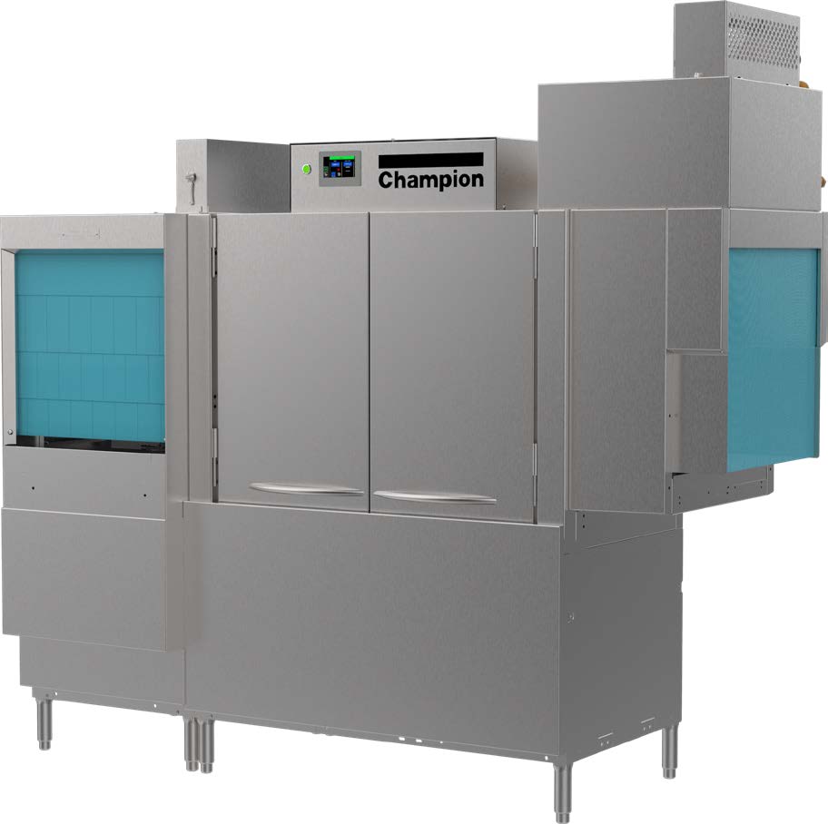 Champion 76 PRO-FF-HR front-feed rack conveyor dishwasher with heat recovery unit, front angle view