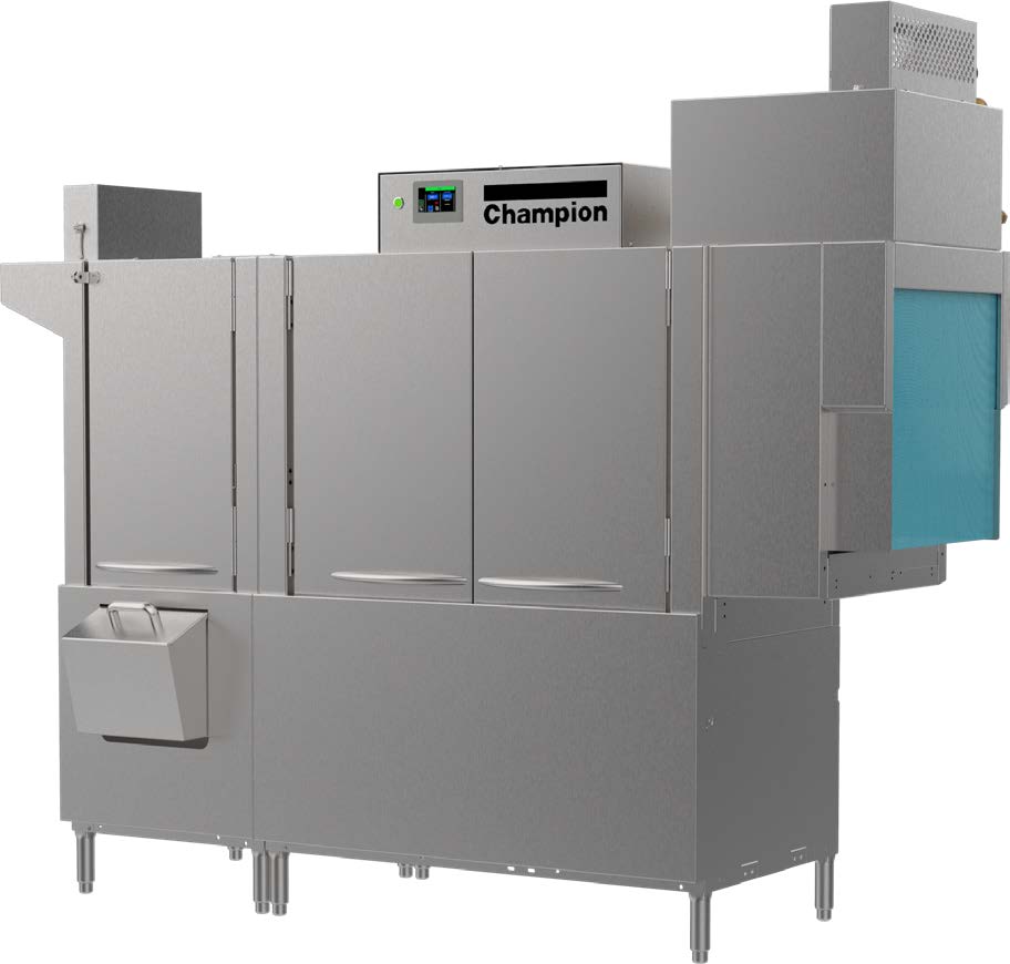 Champion 76 PRO-HR rack conveyor dishwasher with heat recovery unit, front angle view