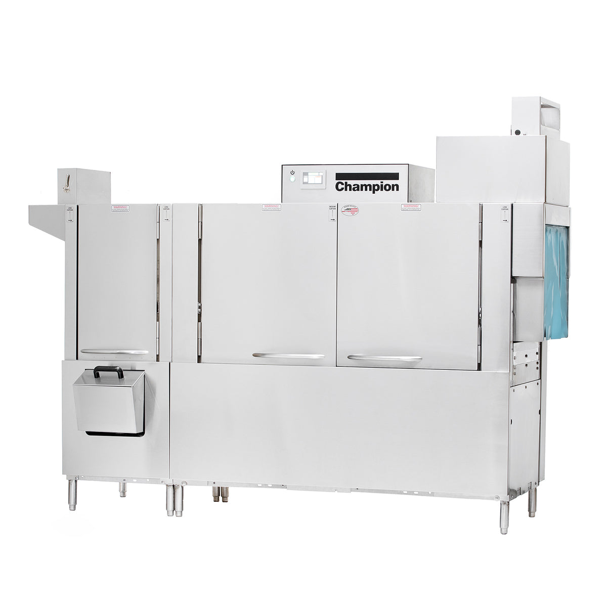 Champion 86 PRO-HR 2-tank rack conveyor dishwasher with heat recovery unit, front angle view
