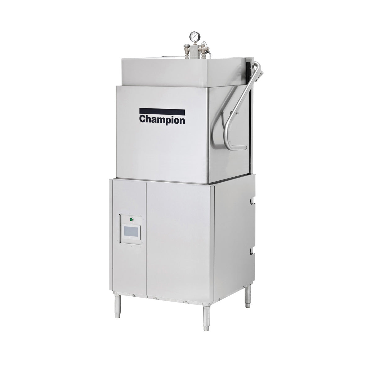 Champion DH6000 high temp door type dishwasher, front view with hood down