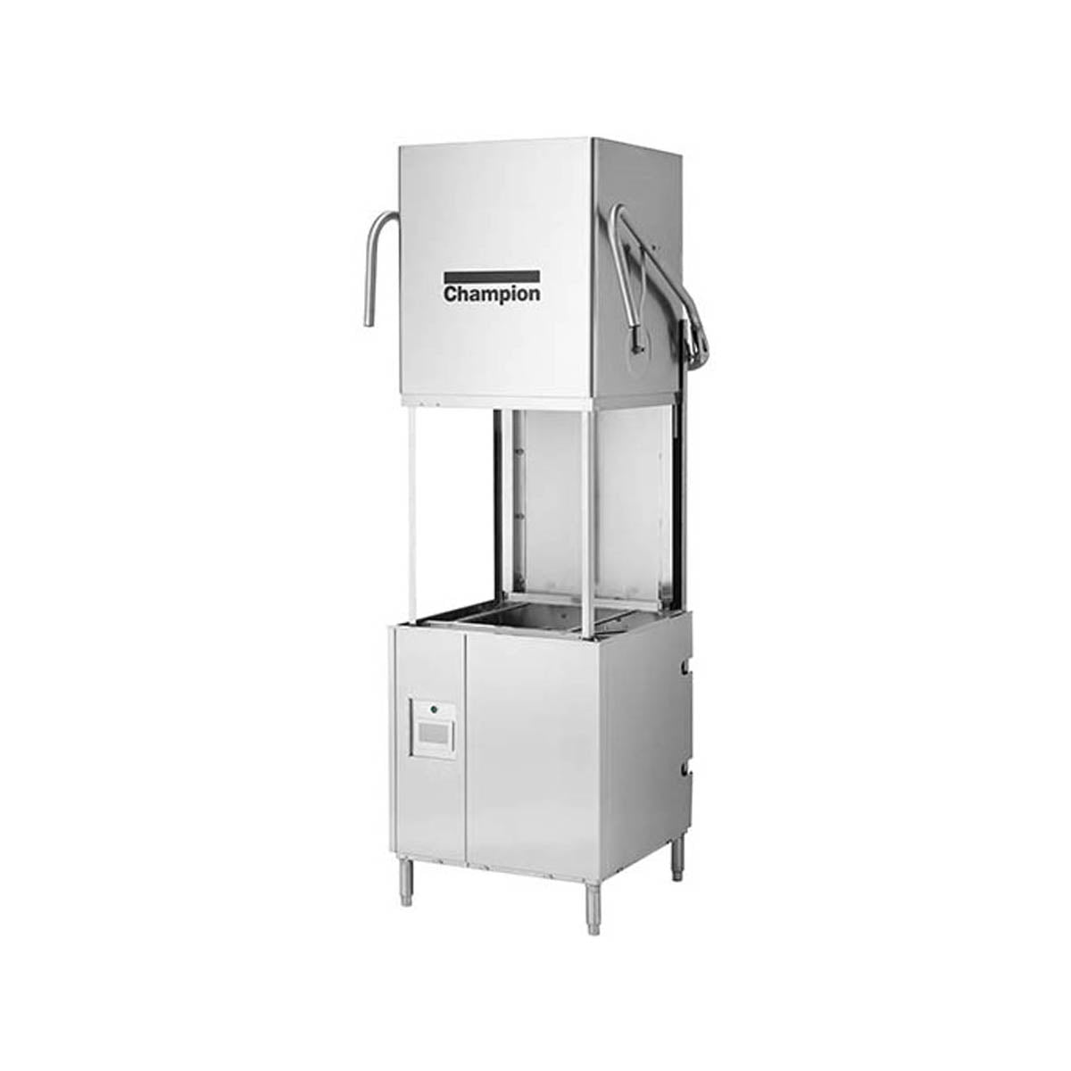 Champion DH-6000T tall hood door-type dishwasher, hood raised