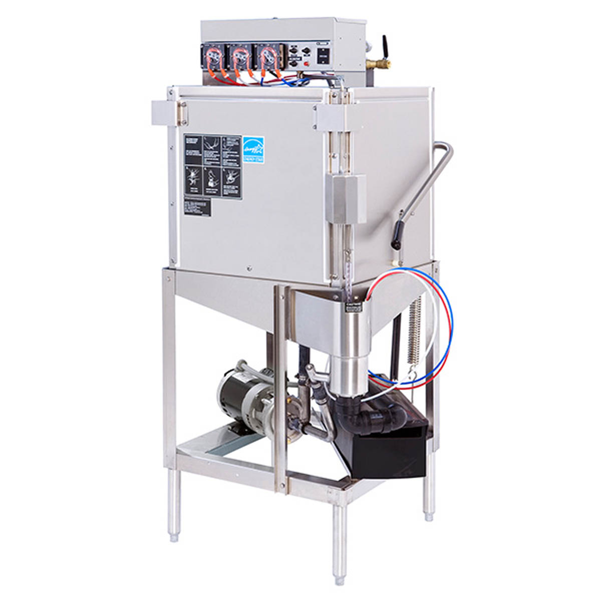 Champion DL-2000 low temp door-type dishwasher with top-mounted controls, front angle view