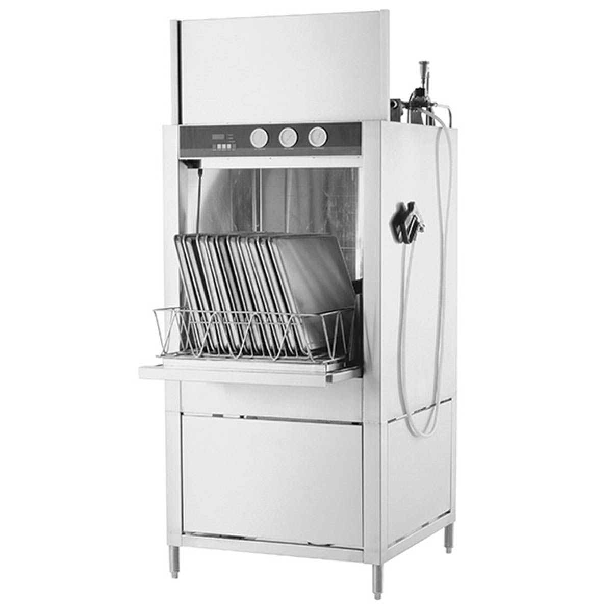 Champion PP-10 split door pot, pan and utensil washer, door open with sheet pans in the rack