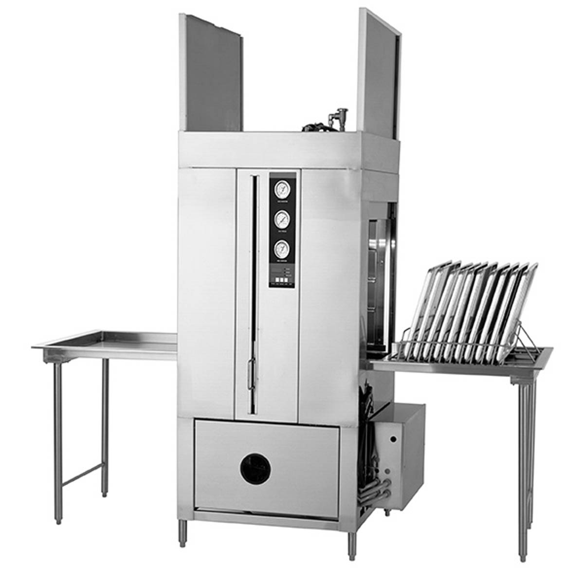 Champion PP-12-PT pass-through pot and pan washer with doors raised, shown with tables