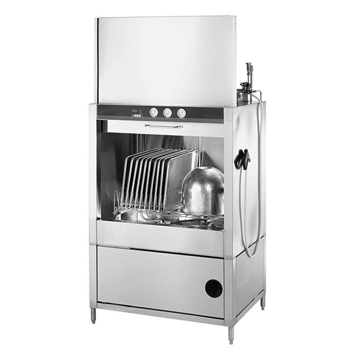 Champion PP-20 split door pot, pan and utensil washer, door open with sheet pans and pots