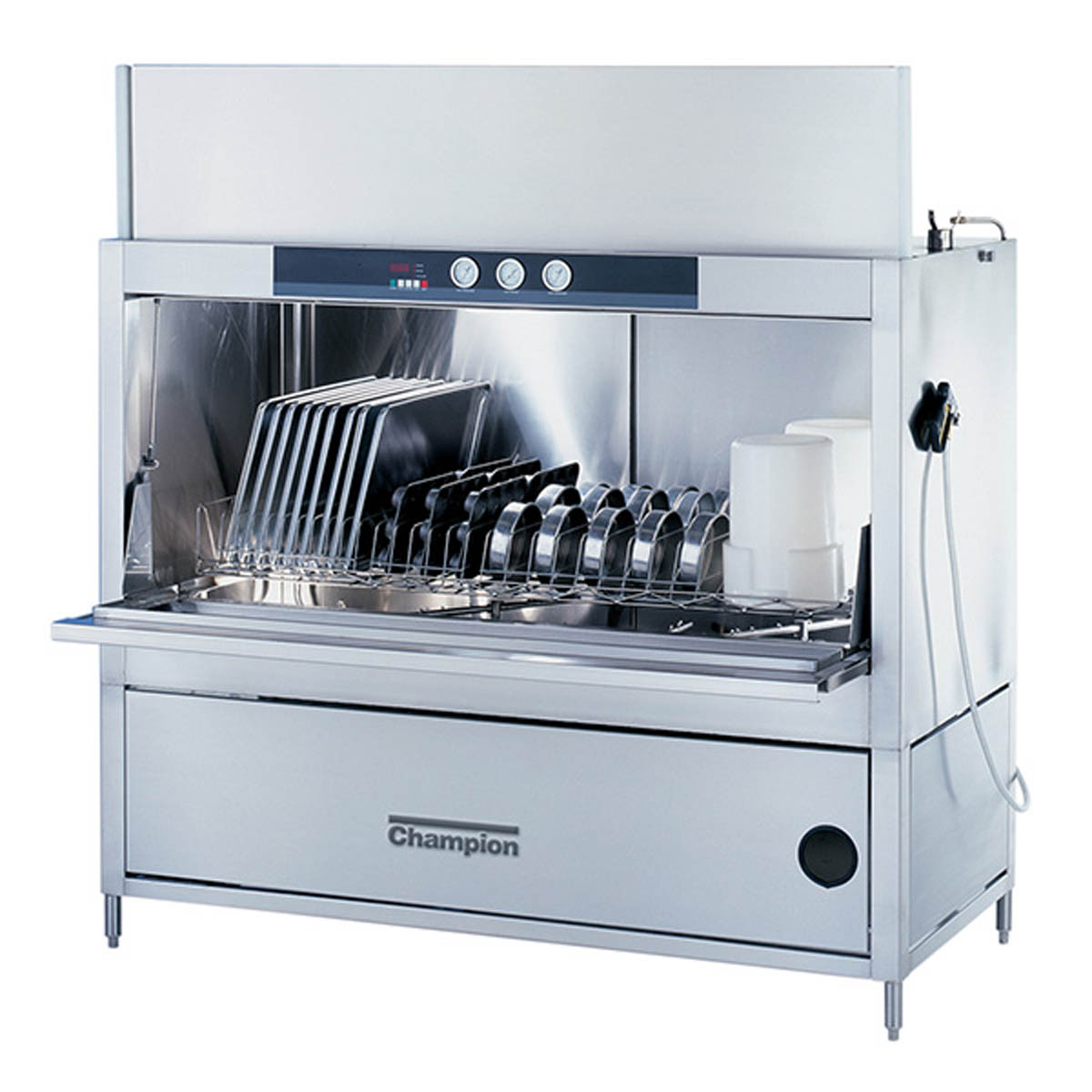Champion PP-36 split door pot, pan and utensil washer, door open with sheet pans and bowls