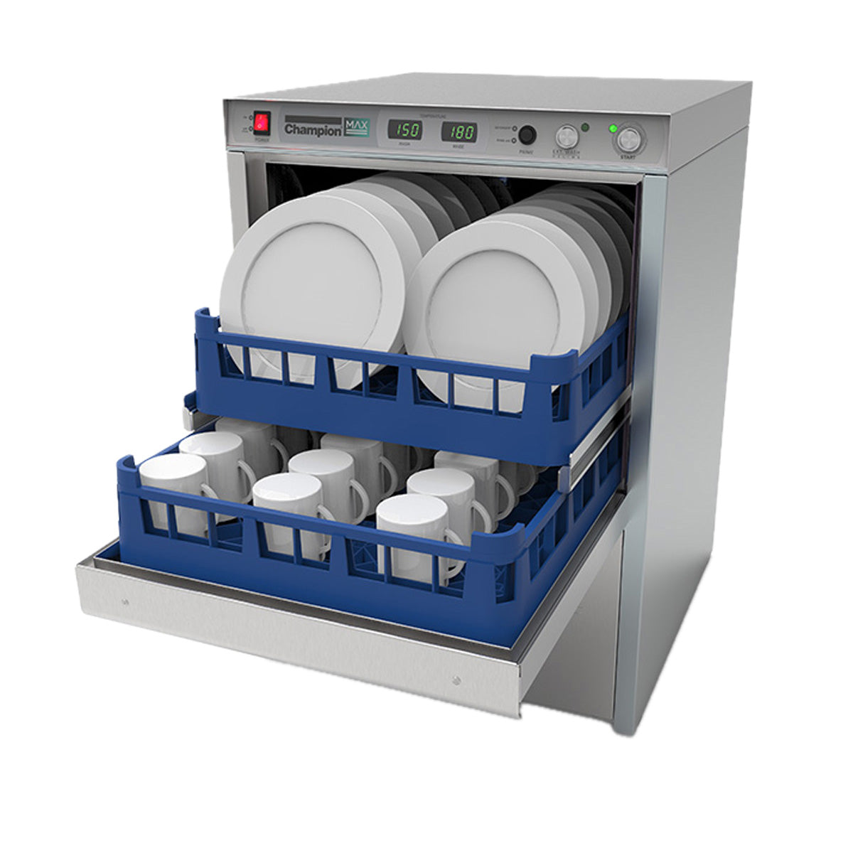 Champion UH130B MAX with door open showing two rack levels loaded with plates and cups