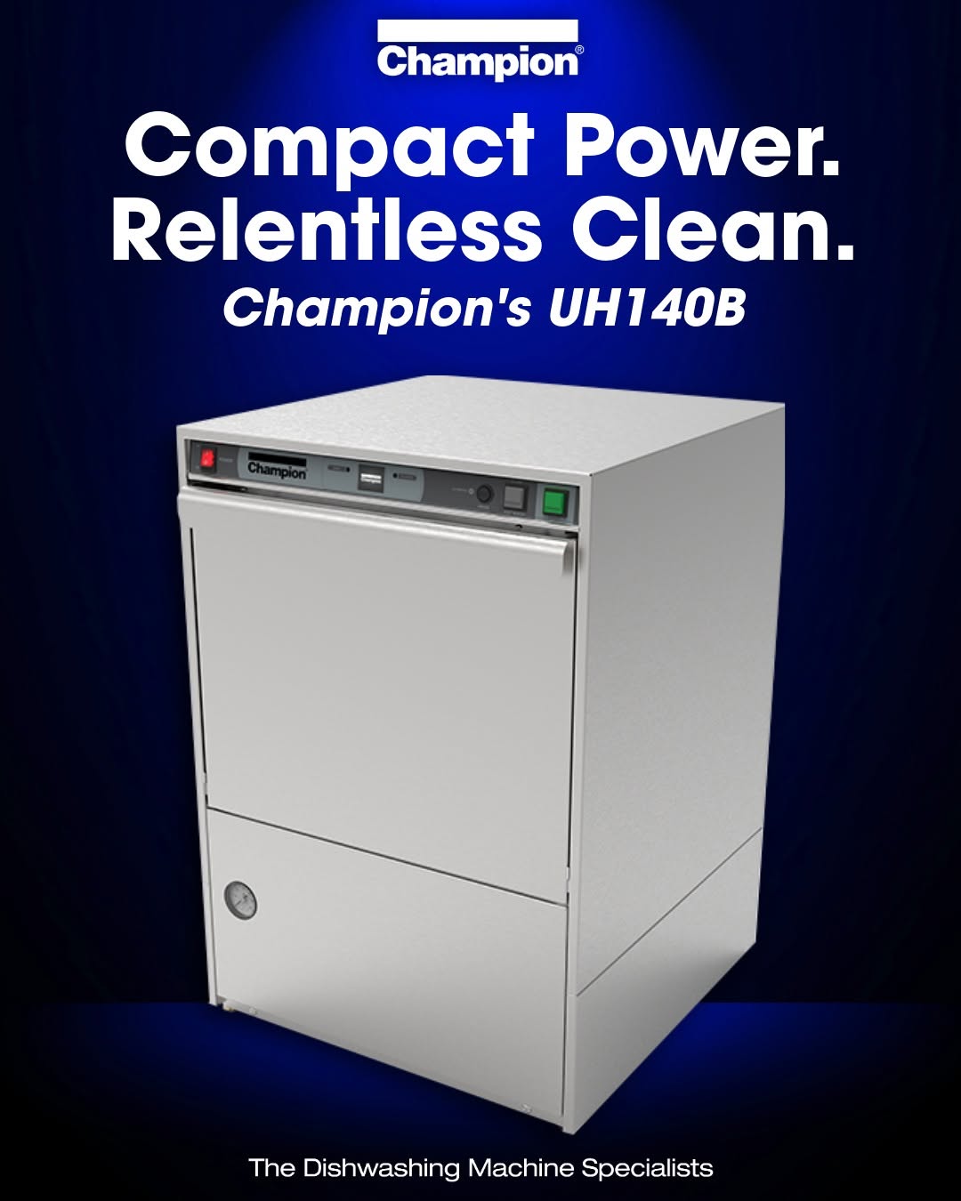 Champion UH140B undercounter dishwasher on a blue promotional graphic