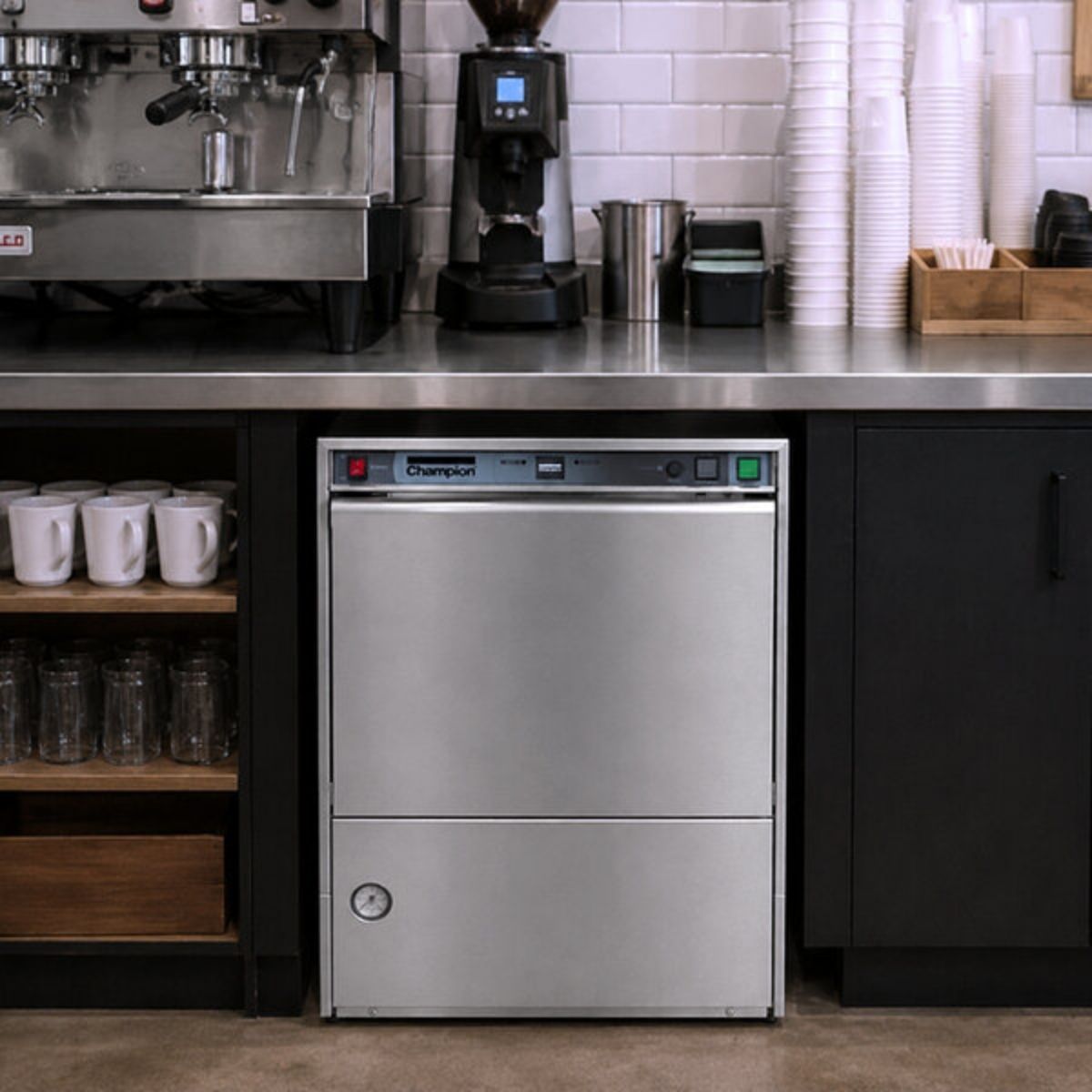 Champion UH140B installed under a cafe counter beside an espresso machine