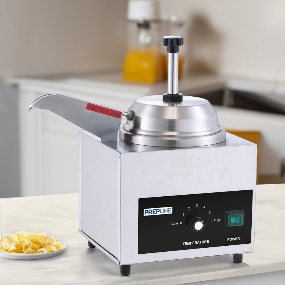 Prepline CW3-5 3.5 qt. cheese warmer, on a counter with nachos, lifestyle