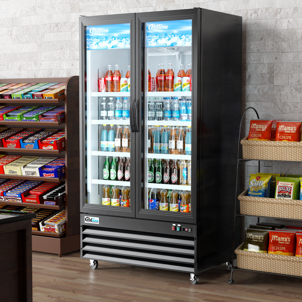Coldline CLM-54R 54" Double Glass Swing Door Merchandiser Refrigerator with LED Lighting, Black