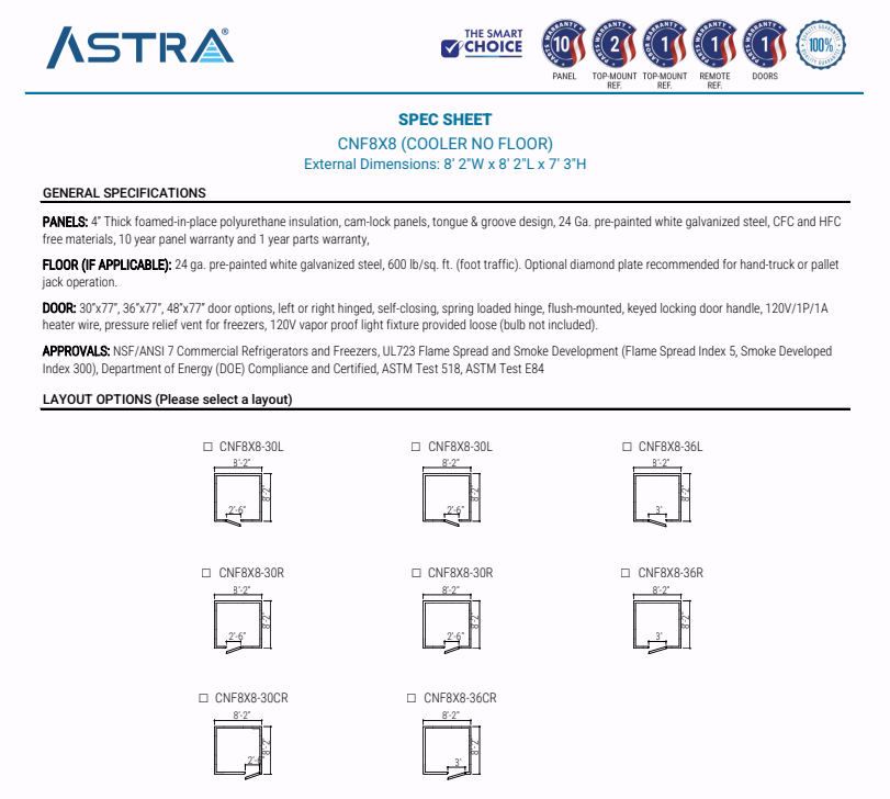 Astra 8 x 8 Walk-In Cooler No Floor CNF8X8