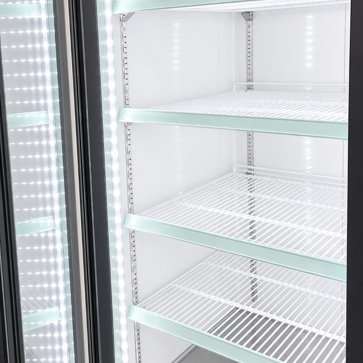 Coldline G48-B black glass door merchandiser refrigerator, interior close-up of the LED light and shelves