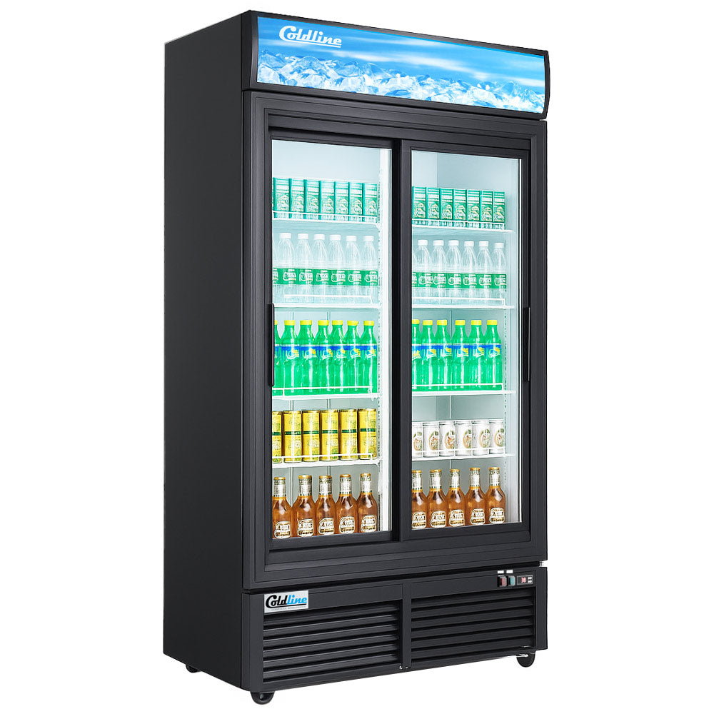 Coldline G48S-B 48" Double Glass Sliding Door Merchandiser Refrigerator with LED Lighting, Black