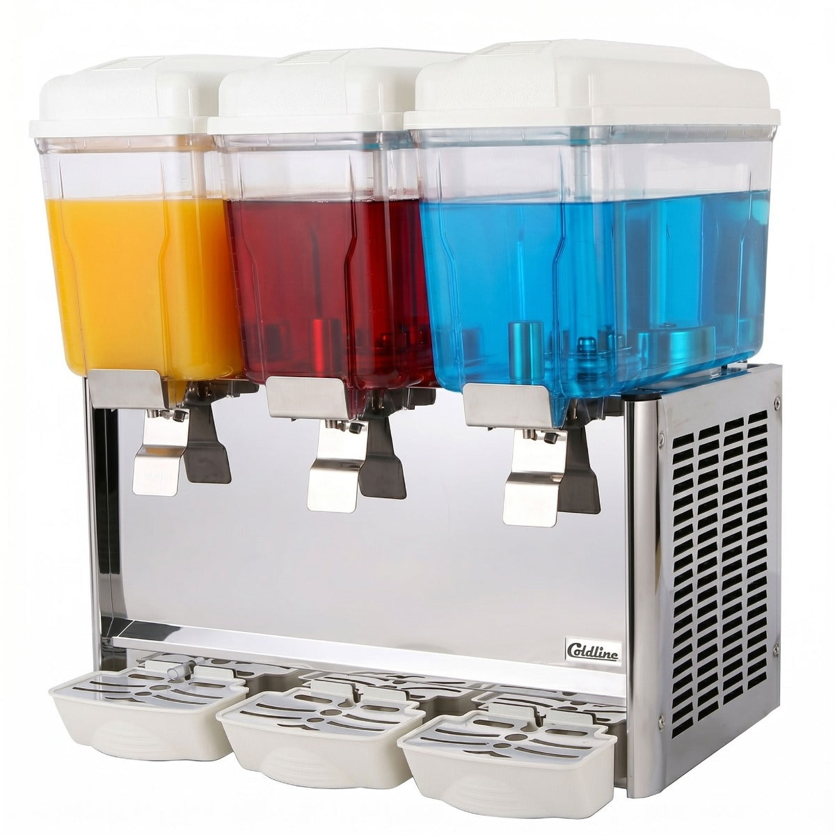 Coldline CBD-3 triple bowl refrigerated beverage dispenser, filled with orange, red and blue drinks