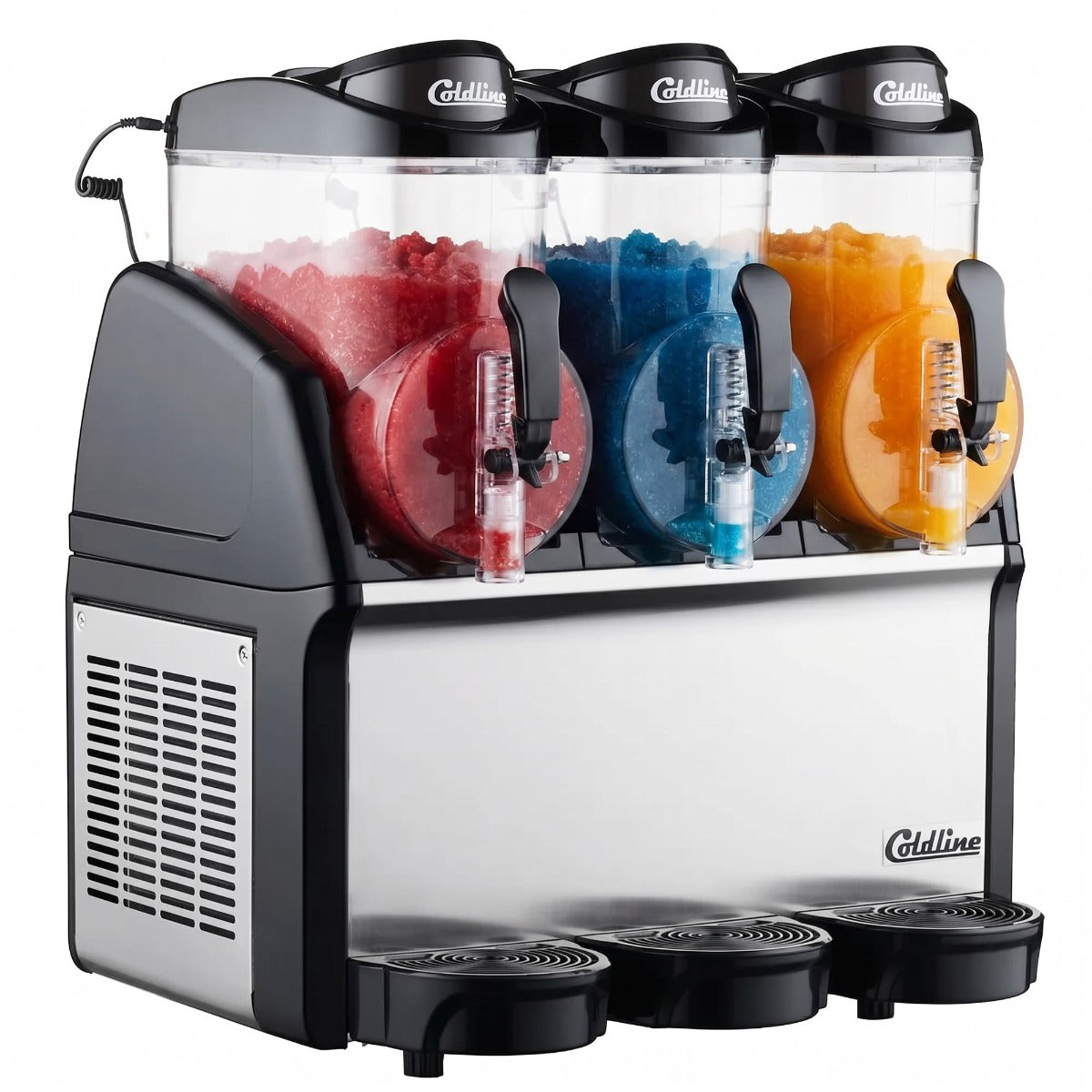 Coldline GRANITA-3N granita slush machine, with red, blue and orange slush