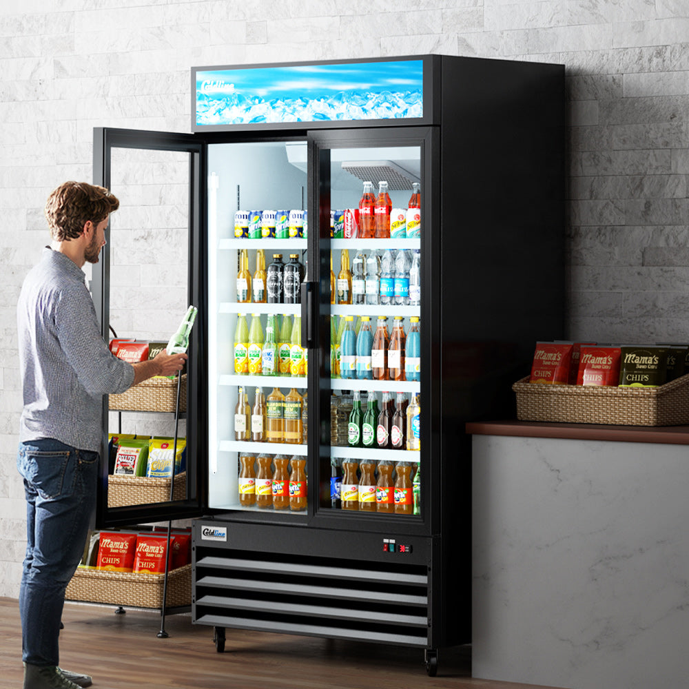 Coldline G48-B black glass door merchandiser refrigerator, in use in a store (representative image)
