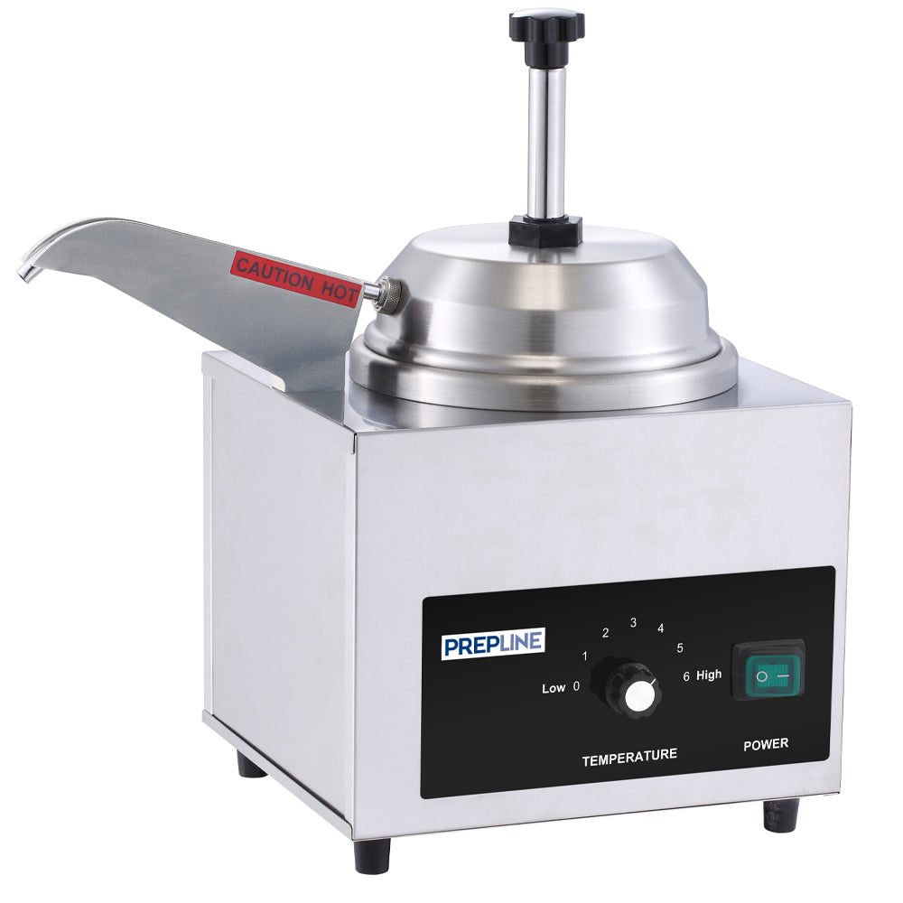 Prepline CW3-5 3.5 qt. cheese warmer, angled front view with pump and heated spout