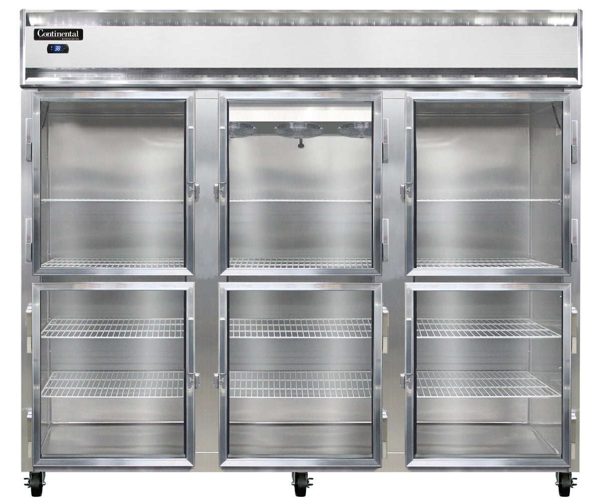 Continental Refrigerator 3RENSAGDHD 85.5-Inch Reach-In Glass Door Refrigerator — 6 Doors, Stainless Steel Exterior