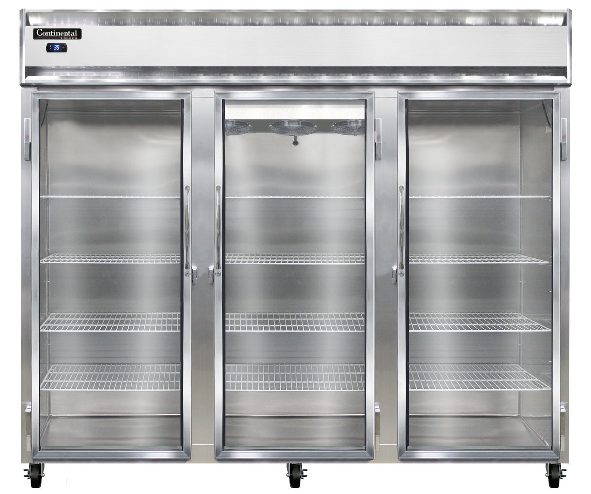 Continental Refrigerator 3RENSSGD 85.5-Inch Reach-In Glass Door Refrigerator — 3 Doors, Stainless Steel Exterior