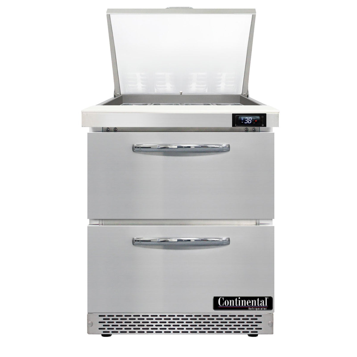Continental Refrigerator D27N12M-FB-D 27.5-Inch Mega Top Sandwich & Salad Prep Table — 2 Drawers, 12 Pans, Stainless Steel Front