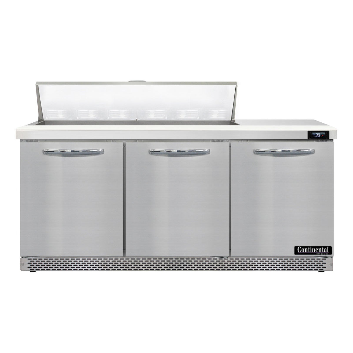 Continental Refrigerator D72N12-FB 72-Inch Sandwich & Salad Prep Table — 3 Doors, 12 Pans, Stainless Steel Front