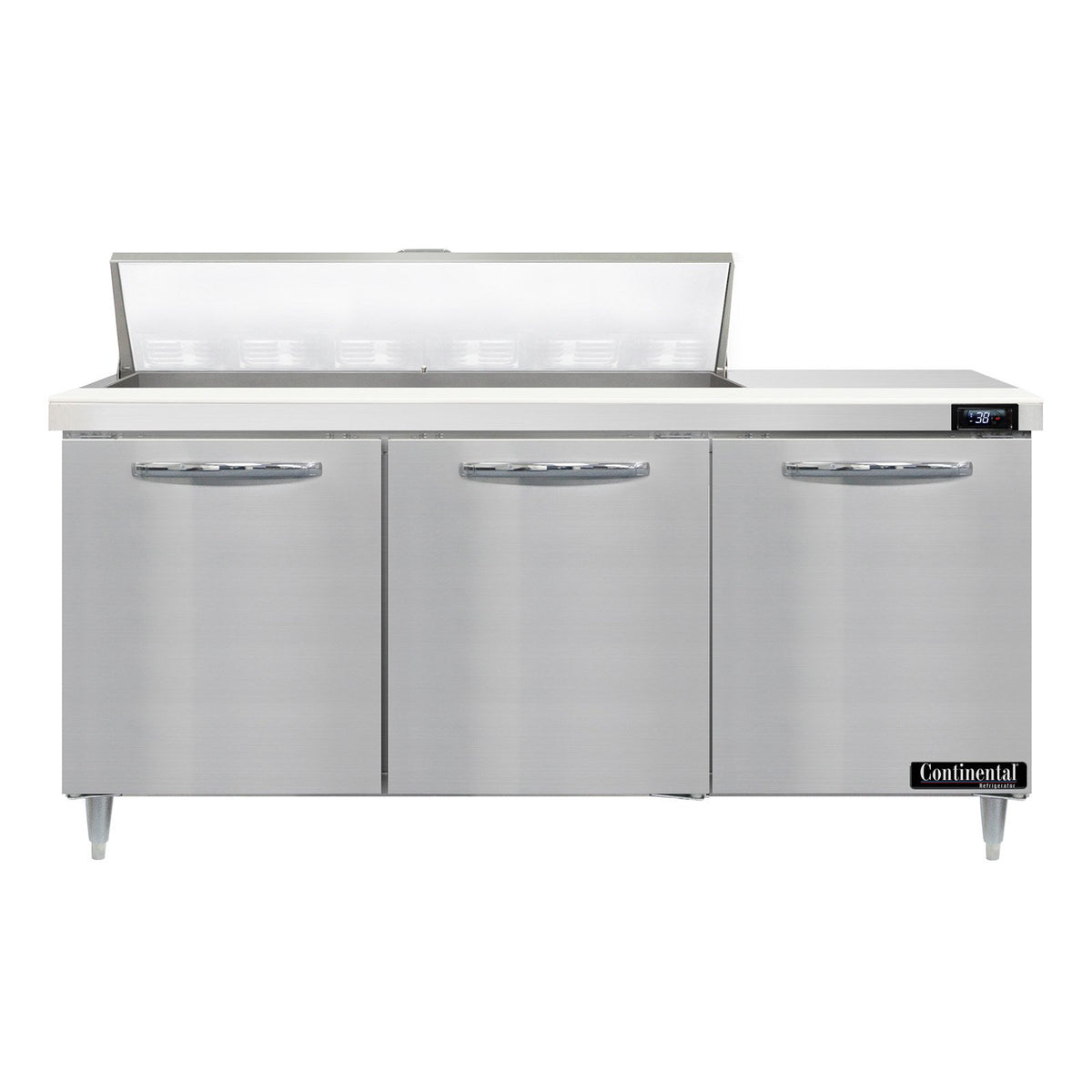 Continental Refrigerator D72N12 72-Inch Sandwich & Salad Prep Table — 3 Doors, 12 Pans, Stainless Steel Front