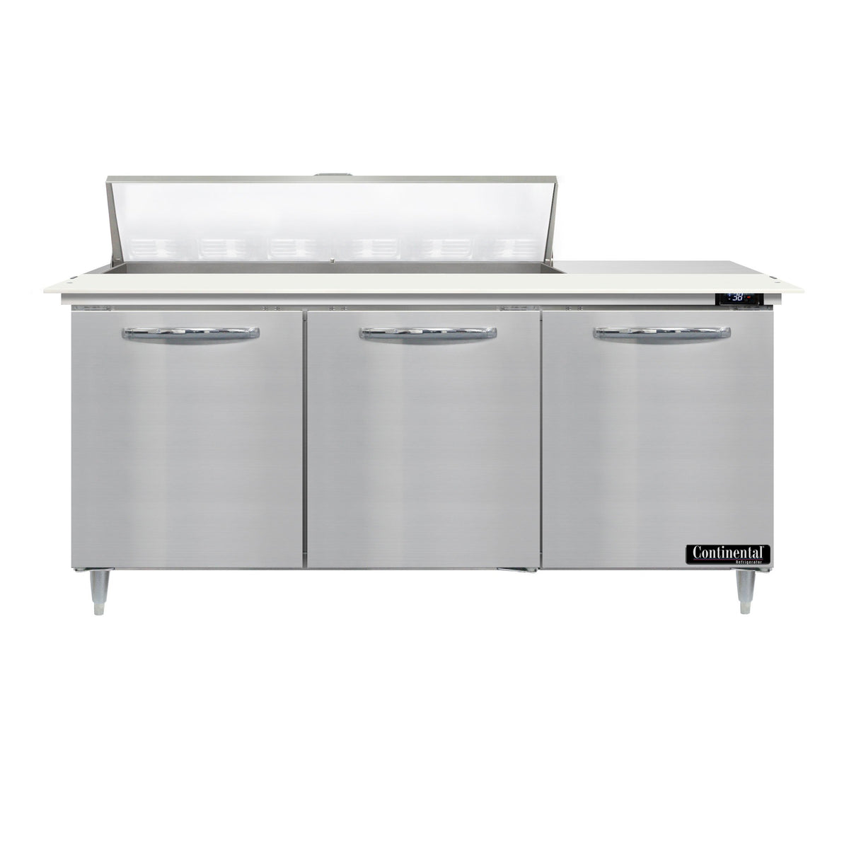 Continental Refrigerator D72N12C 72-Inch Sandwich & Salad Prep Table — 3 Doors, 12 Pans, Stainless Steel Front