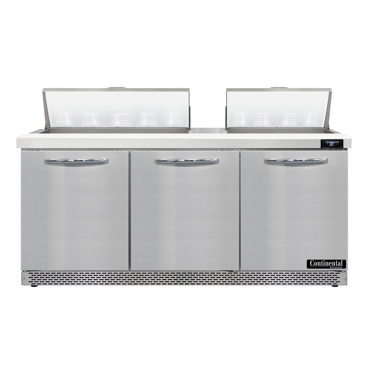 Continental Refrigerator D72N18-FB 72-Inch Sandwich & Salad Prep Table — 3 Doors, 18 Pans, Stainless Steel Front