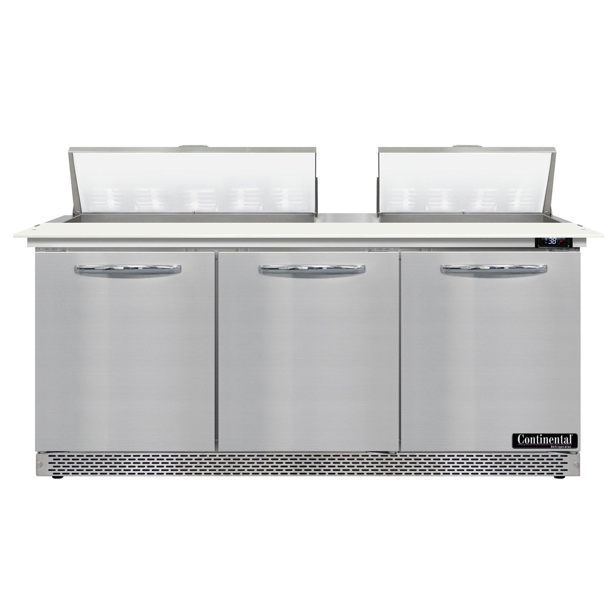 Continental Refrigerator D72N18C-FB 72-Inch Sandwich & Salad Prep Table — 3 Doors, 18 Pans, Stainless Steel Front