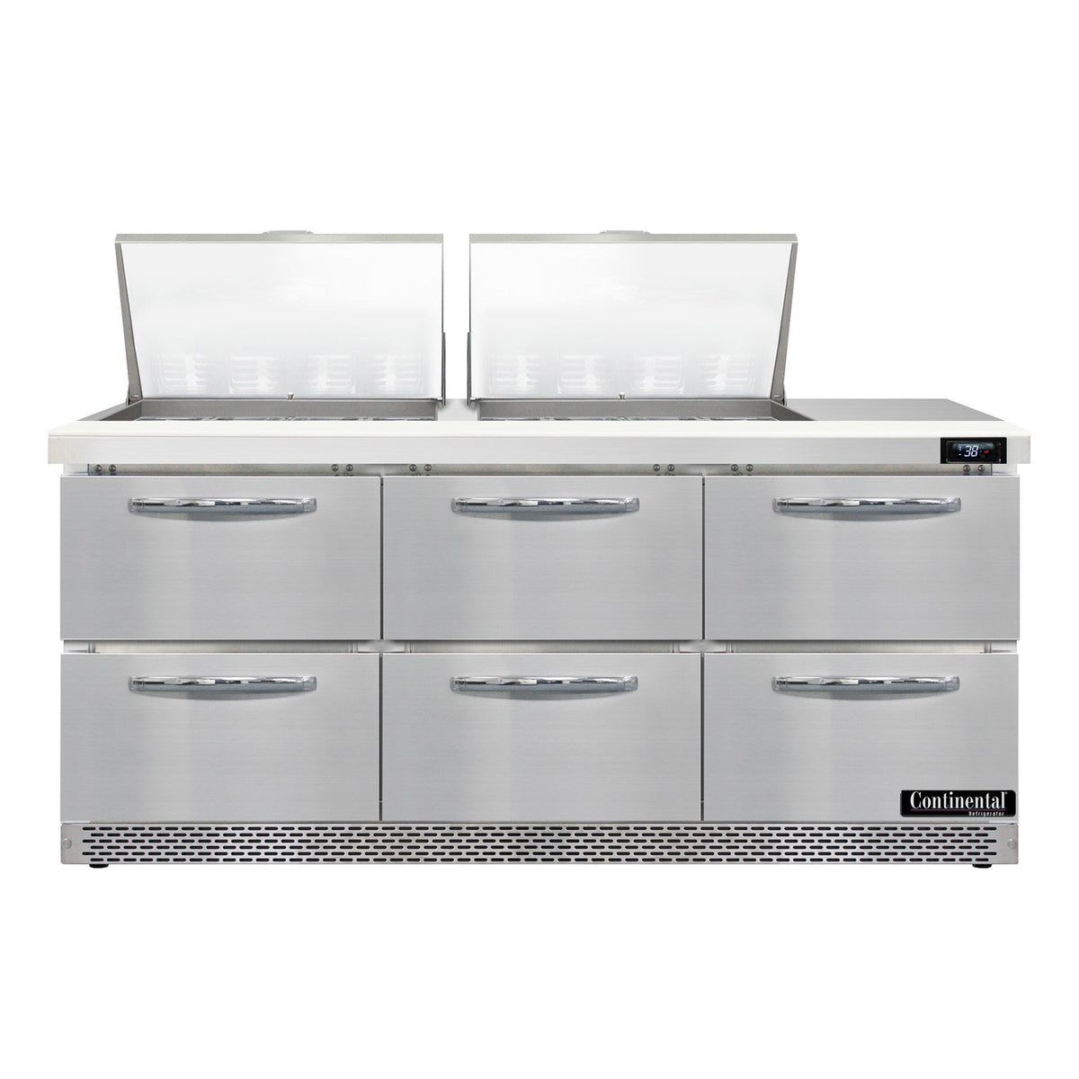 Continental Refrigerator D72N24M-FB-D 72-Inch Mega Top Sandwich & Salad Prep Table — 6 Drawers, 24 Pans, Stainless Steel Front