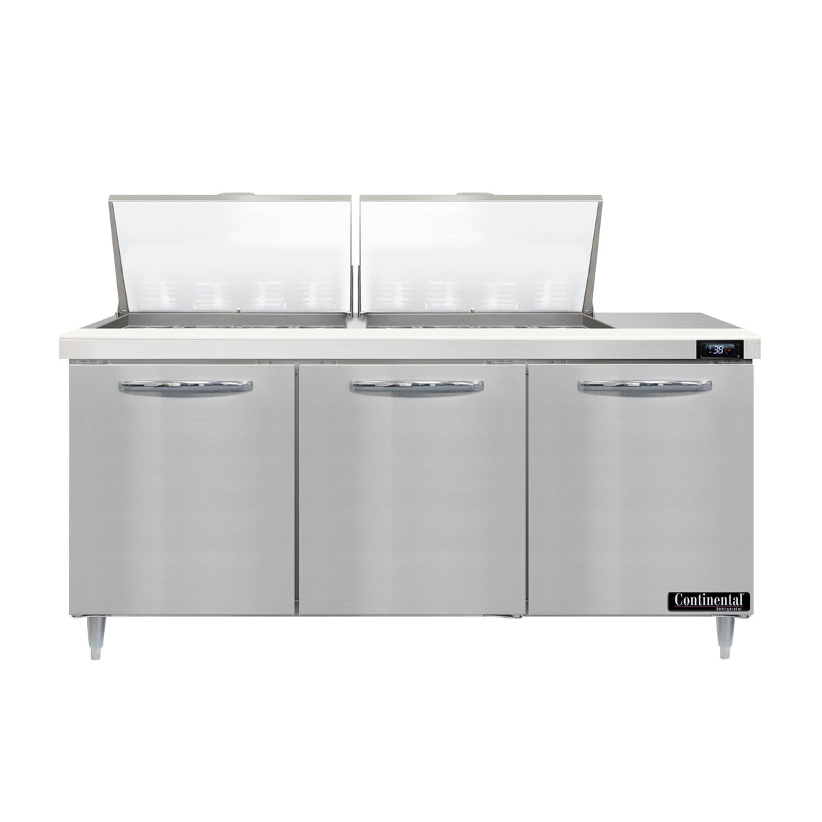 Continental Refrigerator D72N24M 72-Inch Mega Top Sandwich & Salad Prep Table — 3 Doors, 24 Pans, Stainless Steel Front